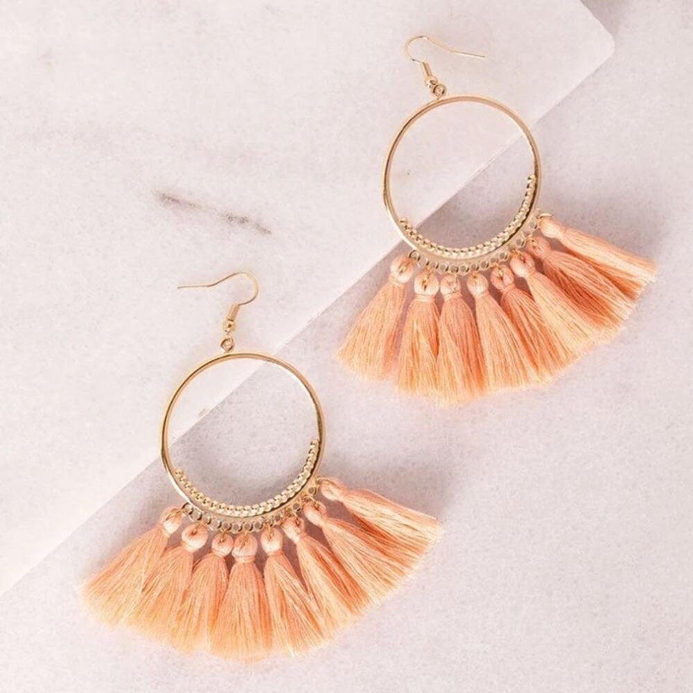 Francesca's Boho Blush Pink Tassel Earrings Gold Chic Bohemian Glam
